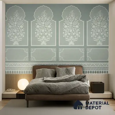 Art Deco bedroom with Indian patterned wallpaper and suede upholstered bed in Bengaluru