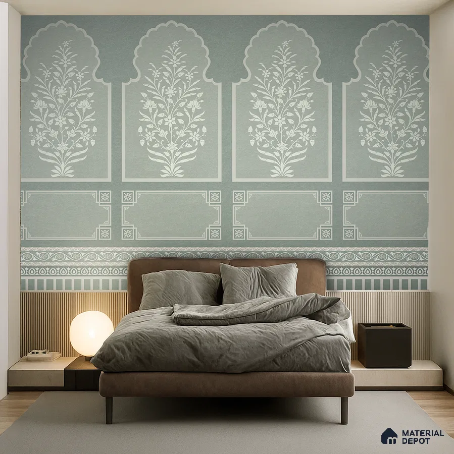 Art Deco bedroom with Indian patterned wallpaper and suede upholstered bed in Bengaluru