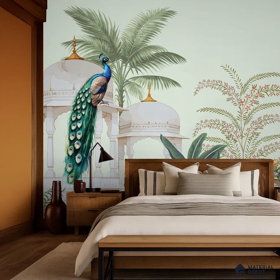 Art Deco bedroom with Indian peacock mural wallpaper and warm wood furniture in Bengaluru