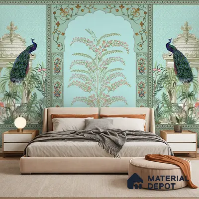 Art Deco bedroom with Indian pichwai wallpaper and beige suede upholstered bed in Bengaluru