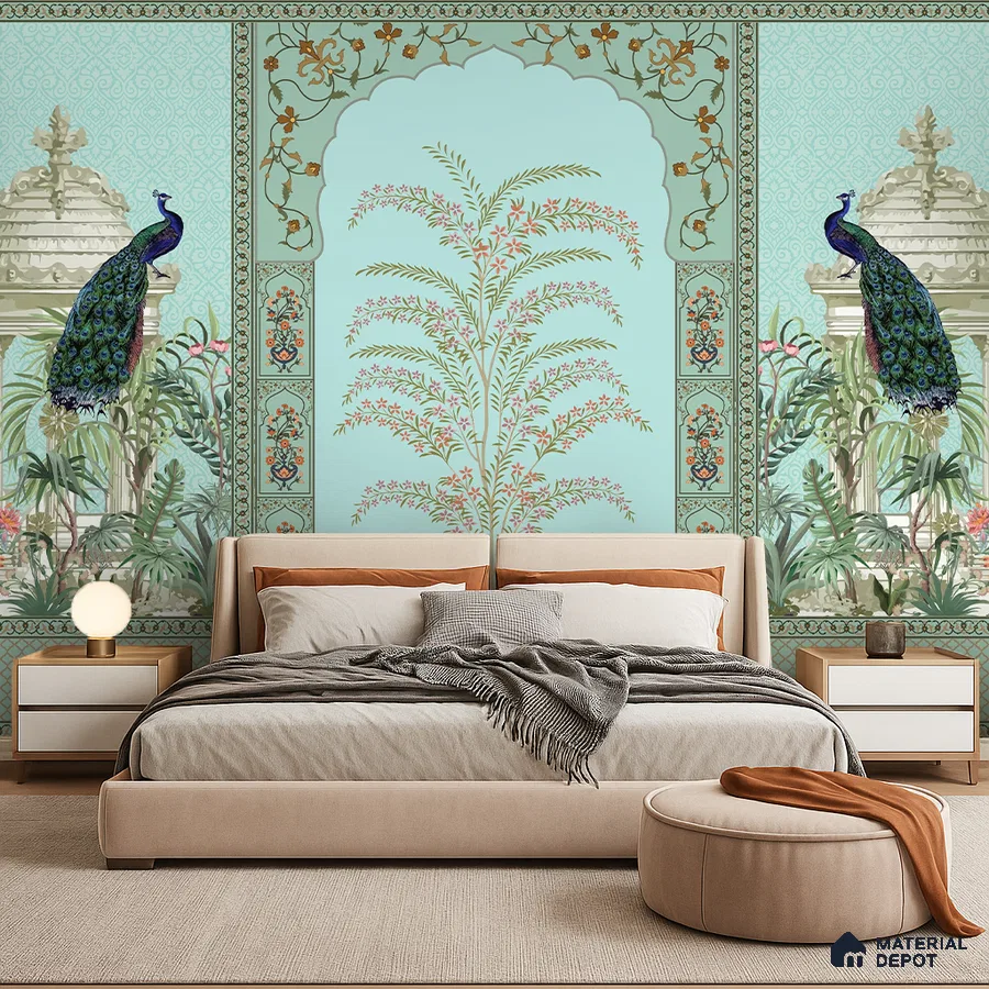 Art Deco bedroom with Indian pichwai wallpaper and beige suede upholstered bed in Bengaluru