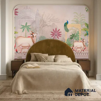Art Deco bedroom with Indian pichwai wallpaper, suede upholstered bed, and warm beige palette in Bengaluru