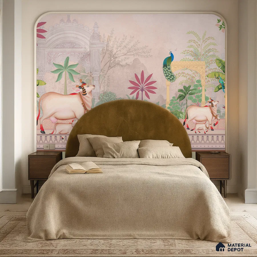 Art Deco bedroom with Indian pichwai wallpaper, suede upholstered bed, and warm beige palette in Bengaluru