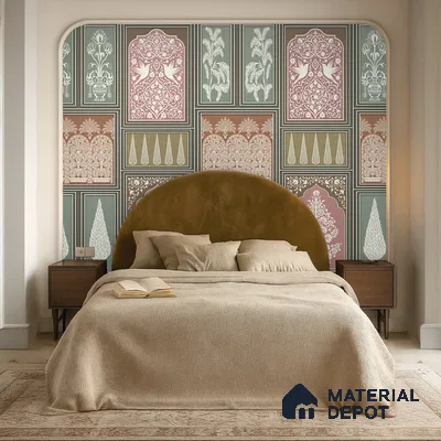 Art Deco bedroom with patterned wallpaper and velvet upholstered bed in Bengaluru