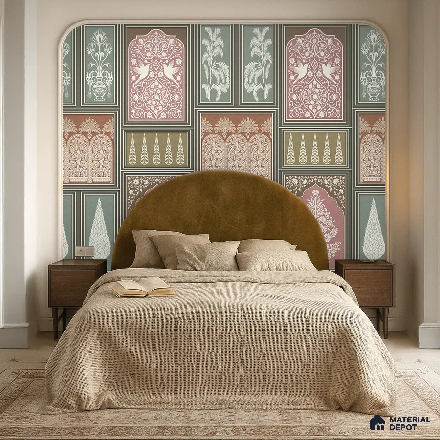 Art Deco bedroom with patterned wallpaper and velvet upholstered bed in Bengaluru