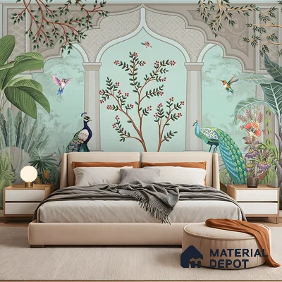 Art Deco bedroom with pichwai wallpaper, upholstered bed, and neutral palette in Bengaluru