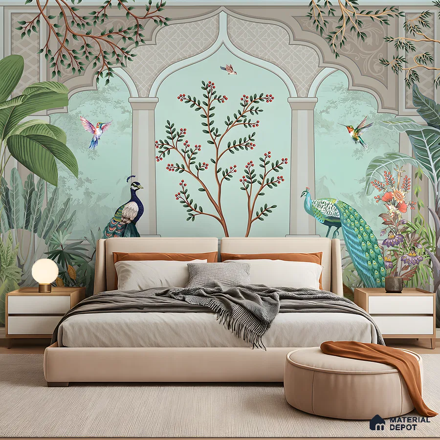Art Deco bedroom with pichwai wallpaper, upholstered bed, and neutral palette in Bengaluru