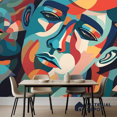 Art Deco dining room with abstract geometric mural wallpaper and light wood flooring in Bengaluru