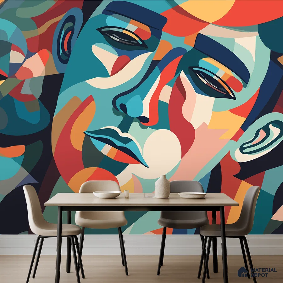 Art Deco dining room with abstract geometric mural wallpaper and light wood flooring in Bengaluru