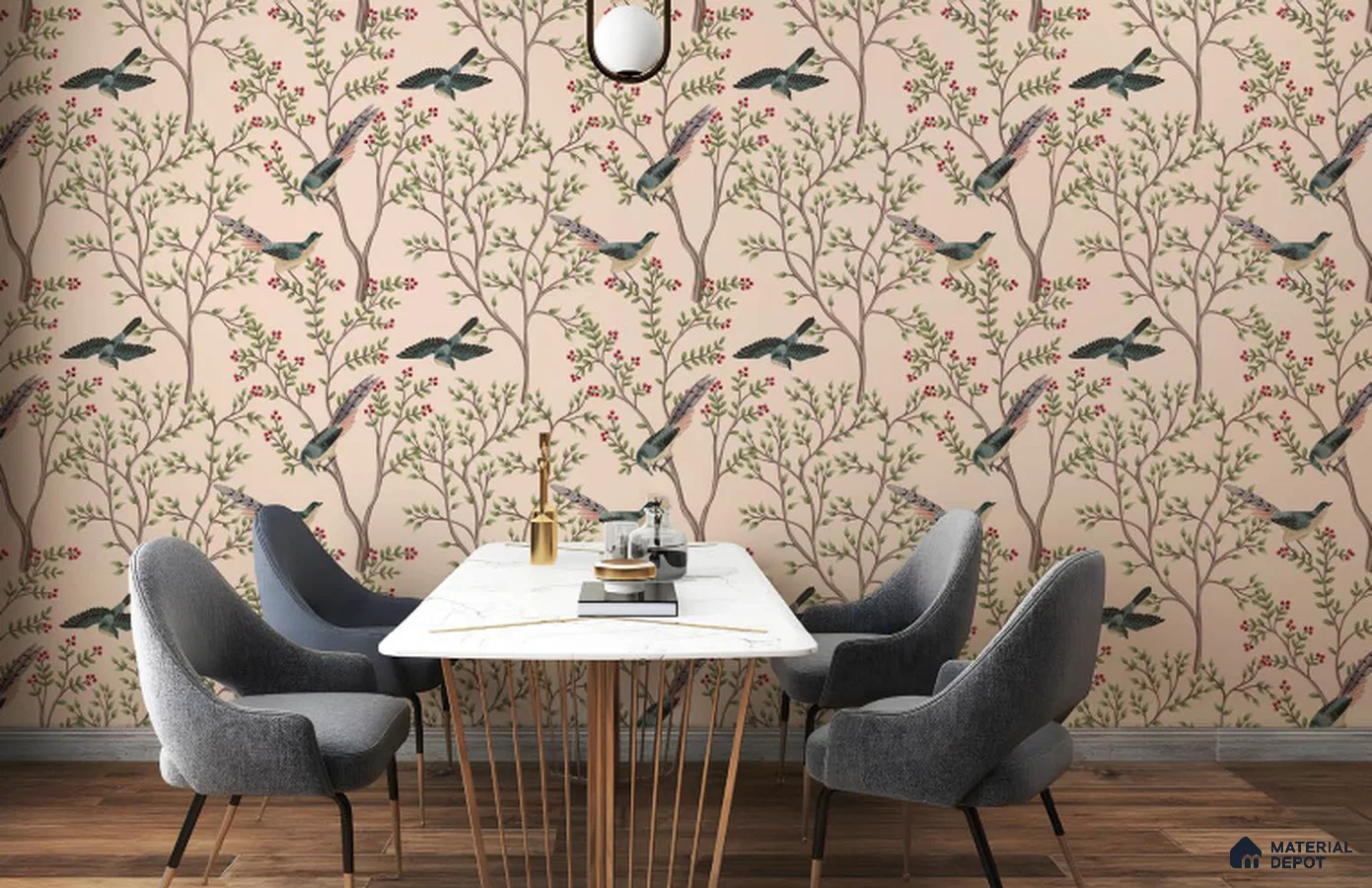 Art Deco dining room with chinoiserie bird wallpaper, marble tabletop, and wooden flooring in Bengaluru