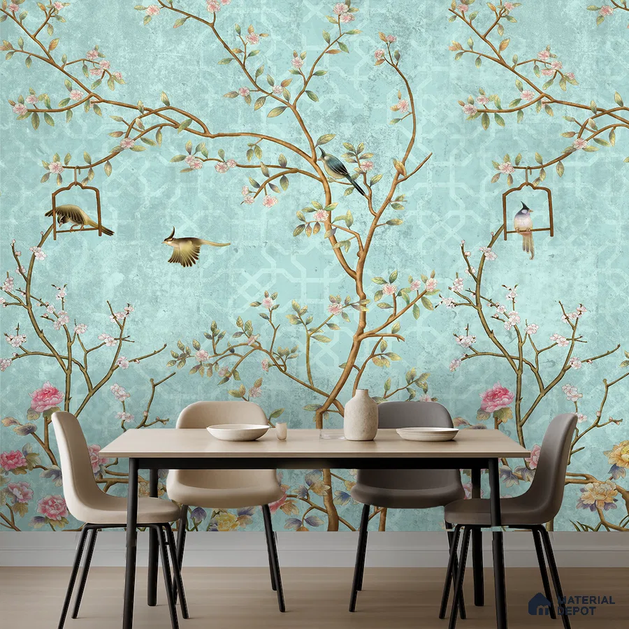 Art Deco dining room with chinoiserie floral wallpaper and light wood flooring in Bengaluru
