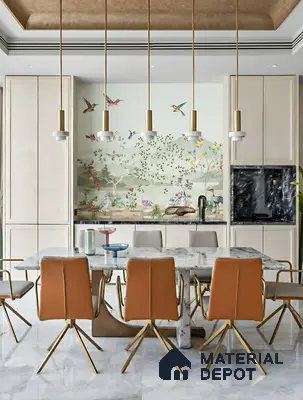 Art Deco dining room with chinoiserie wallpaper, marble dining table, and beige laminate cabinetry in Sattva Anugraha Vijayanagar 3 BHK Bengaluru Apartment