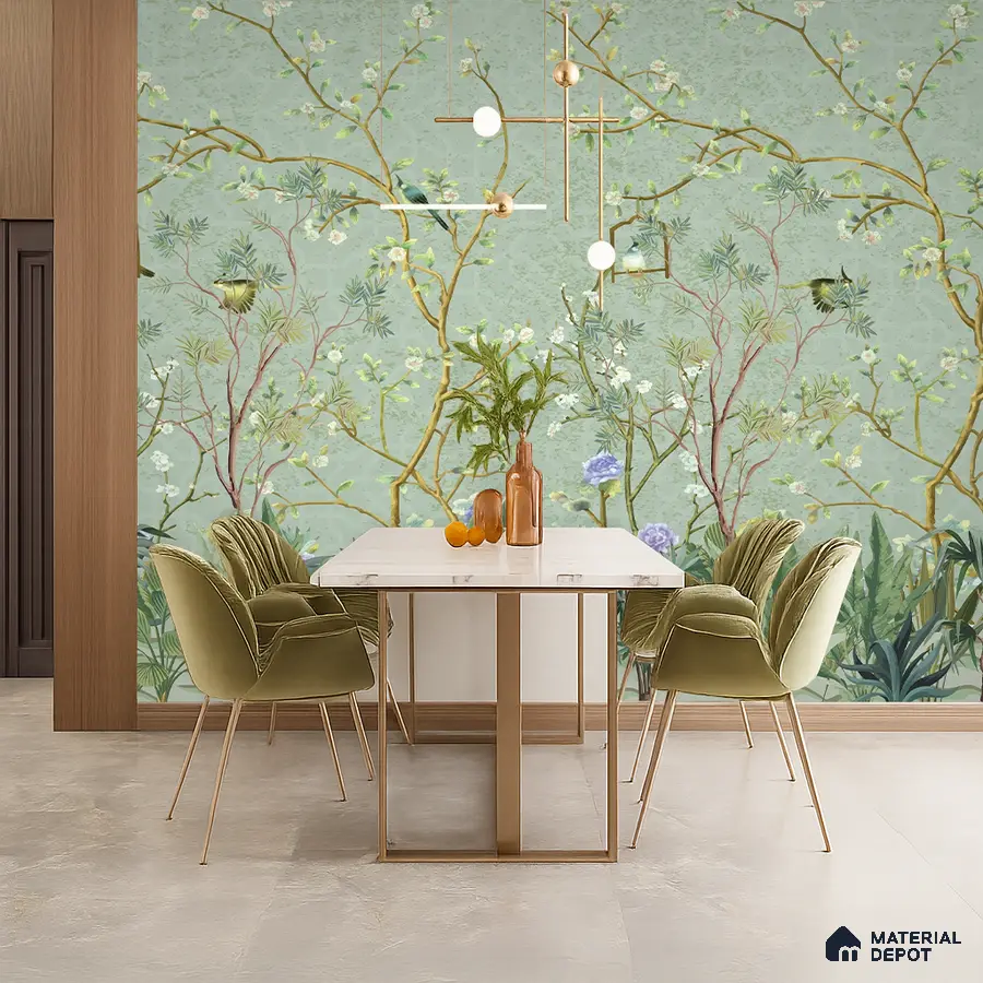 Art Deco dining room with chinoiserie wallpaper, velvet chairs, and marble top table in Bengaluru