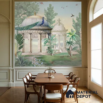 Art Deco dining room with Indian mural wallpaper and classic wood flooring in Bengaluru