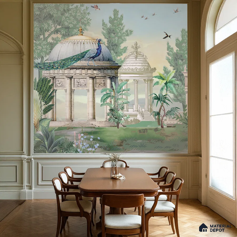 Art Deco dining room with Indian mural wallpaper and classic wood flooring in Bengaluru