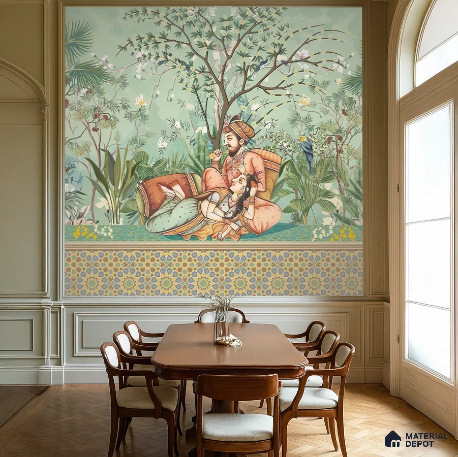 Art Deco dining room with Indian mural wallpaper and geometric patterned wall tiles in Bengaluru