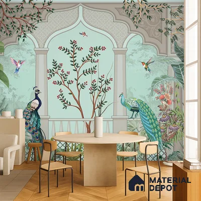 Art Deco dining room with Indian mural wallpaper and light wood chevron flooring in Bengaluru