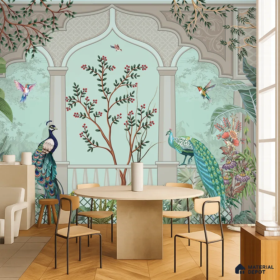 Art Deco dining room with Indian mural wallpaper and light wood chevron flooring in Bengaluru