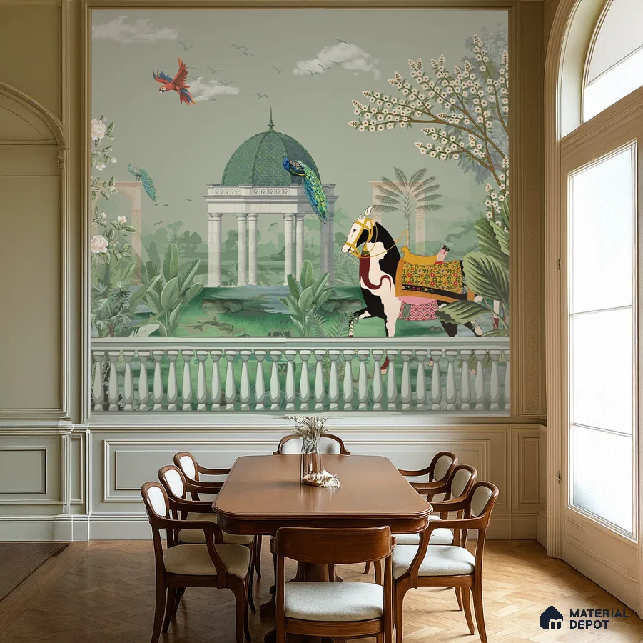 Art Deco dining room with Indian mural wallpaper and natural wood flooring in Bengaluru
