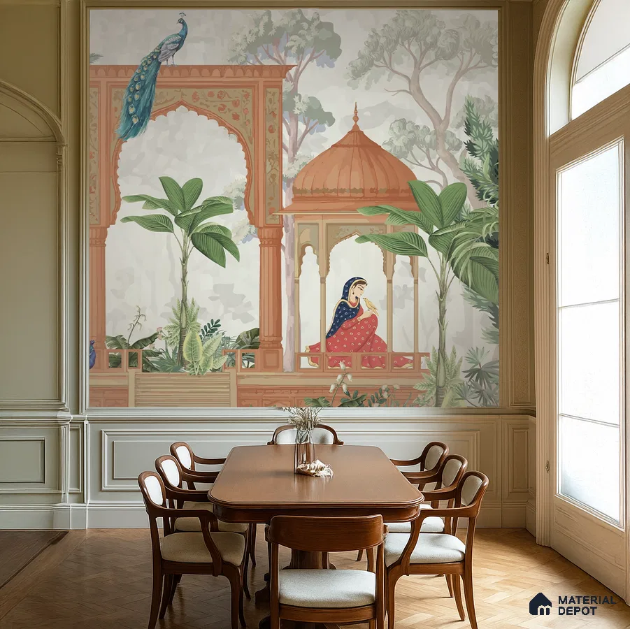 Art Deco dining room with Indian mural wallpaper and wooden dining set in Bengaluru