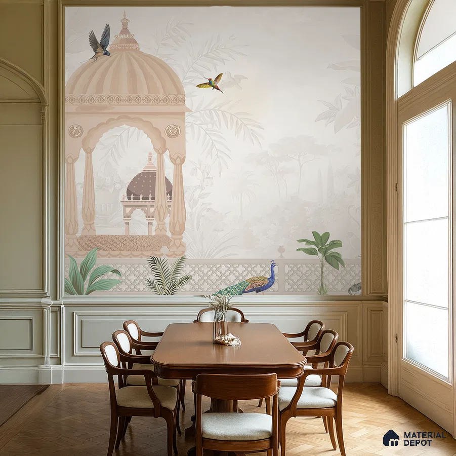 Art Deco dining room with Indian mural wallpaper and wooden dining set in Bengaluru