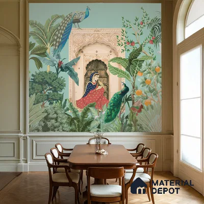 Art Deco dining room with Indian mural wallpaper and wooden flooring in Bengaluru