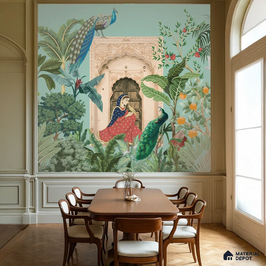 Art Deco dining room with Indian mural wallpaper and wooden flooring in Bengaluru