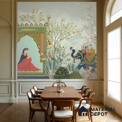 Art Deco dining room with Indian mural wallpaper and wooden flooring in Bengaluru