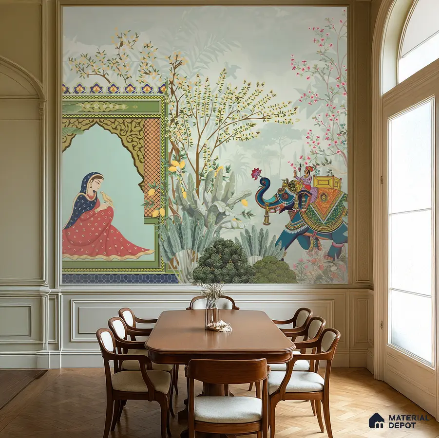 Art Deco dining room with Indian mural wallpaper and wooden flooring in Bengaluru