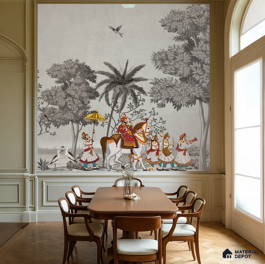 Art Deco dining room with Indian mural wallpaper and wooden parquet flooring in Bengaluru