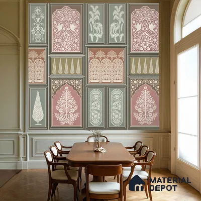 Art Deco dining room with Indian patterned wallpaper and wooden dining set in Bengaluru