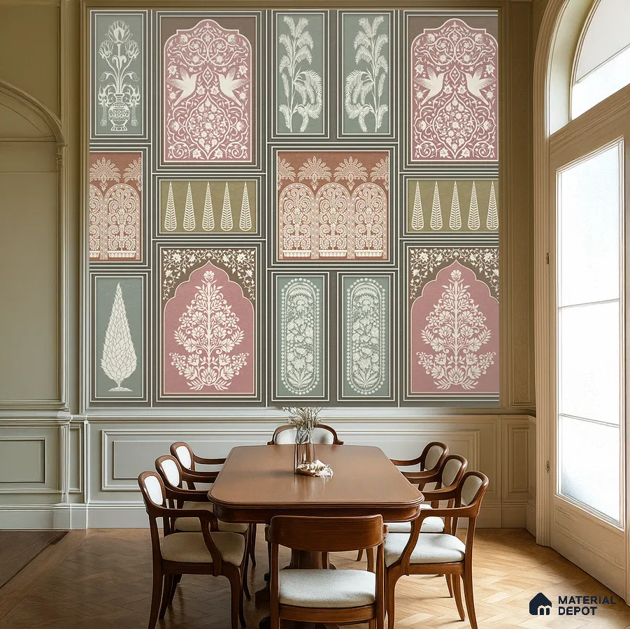 Art Deco dining room with Indian patterned wallpaper and wooden dining set in Bengaluru