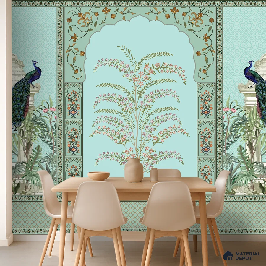 Art Deco dining room with Indian pichwai wallpaper and light wood dining set in Bengaluru