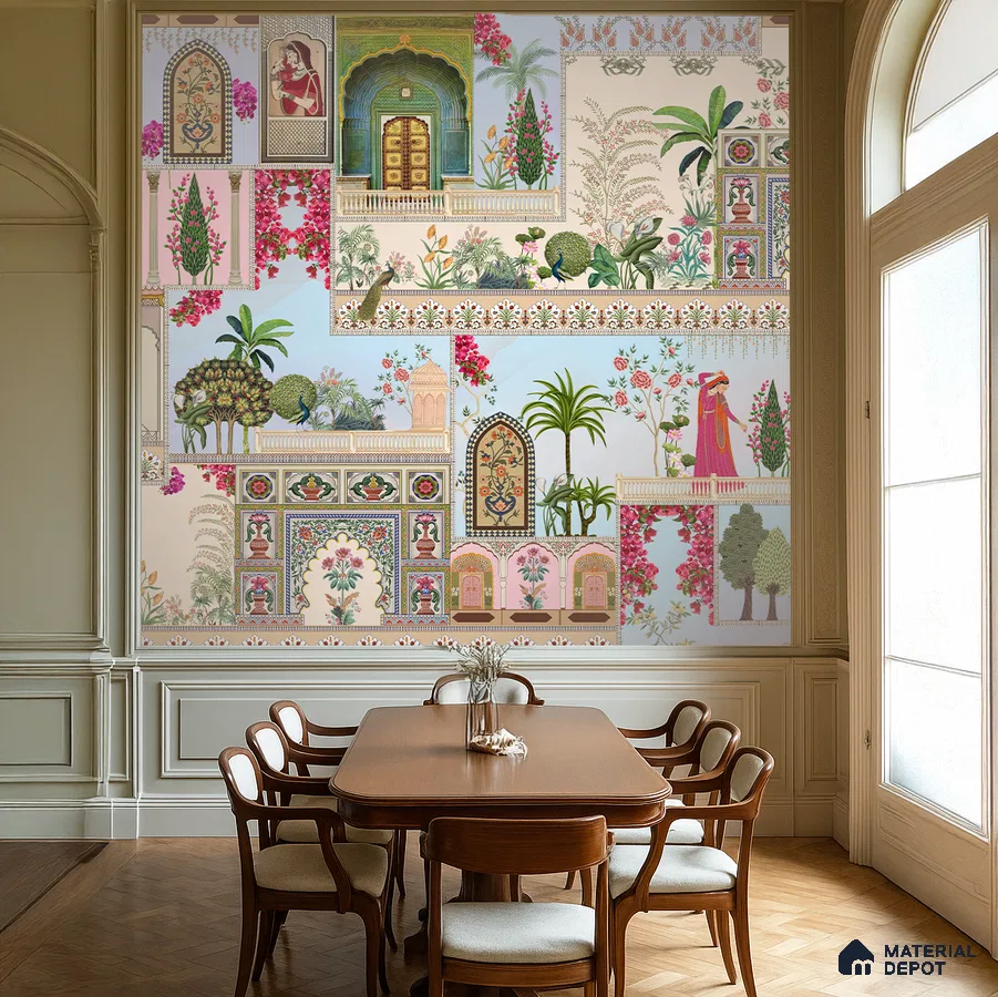 Art Deco dining room with Indian pichwai wallpaper and wooden flooring in Bengaluru
