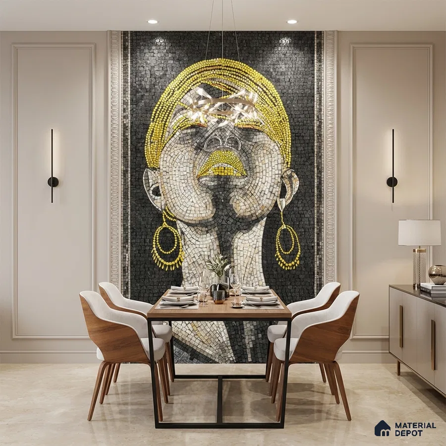 Art Deco dining room with mosaic accent wall and beige marble floor tile