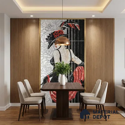 Art Deco dining room with mosaic mural poster wall tile, wood fluted wall panels, and walnut dining table