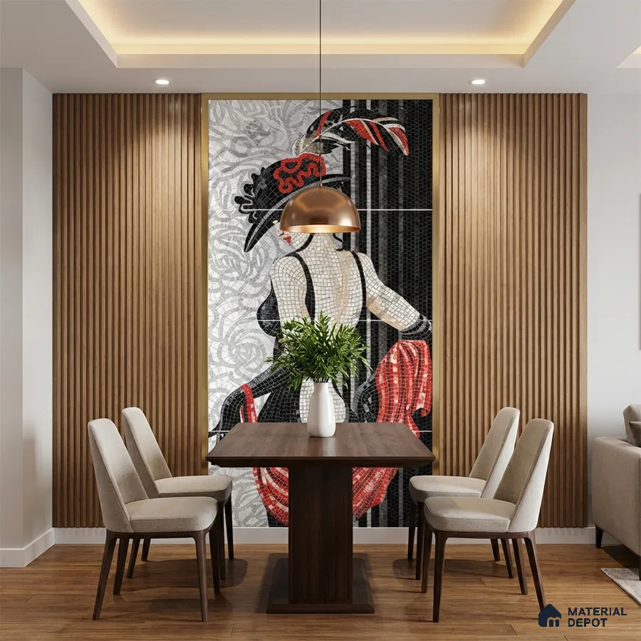 Art Deco dining room with mosaic mural poster wall tile, wood fluted wall panels, and walnut dining table