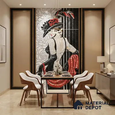 Art Deco dining room with mosaic poster mural tile on wall and beige marble floor tile