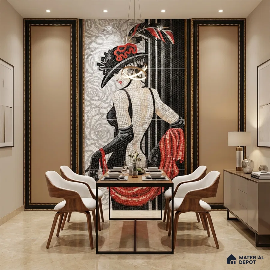 Art Deco dining room with mosaic poster mural tile on wall and beige marble floor tile