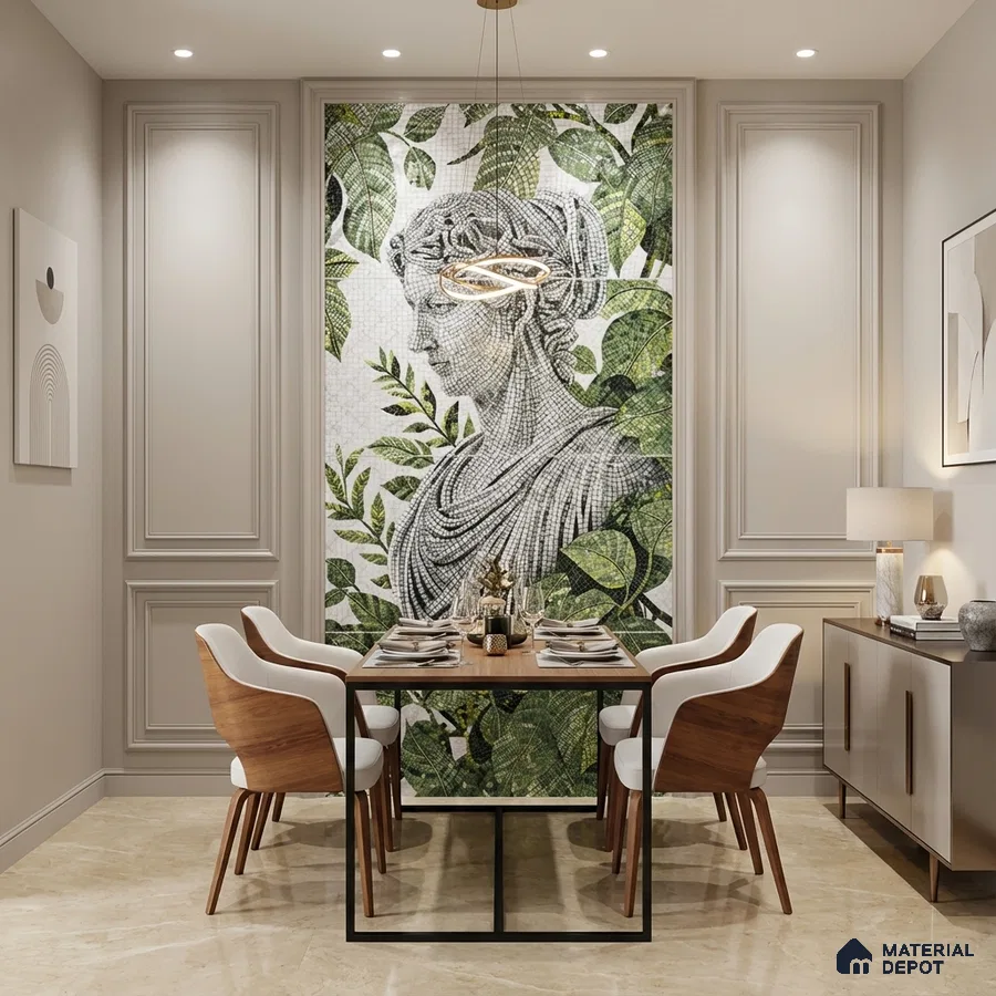 Art Deco dining room with mosaic poster mural tile on wall, beige marble floor tile, and walnut wood dining chairs