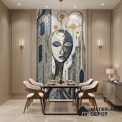 Art Deco dining room with mosaic poster mural tile on wall tile and beige marble floor