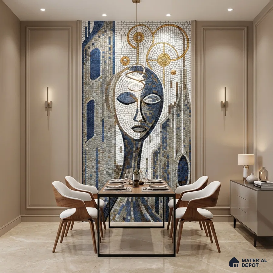 Art Deco dining room with mosaic poster mural tile on wall tile and beige marble floor