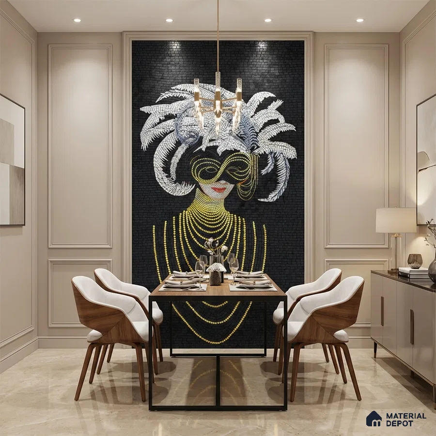 Art Deco dining room with mosaic poster wall tile feature wall and beige marble floor tile