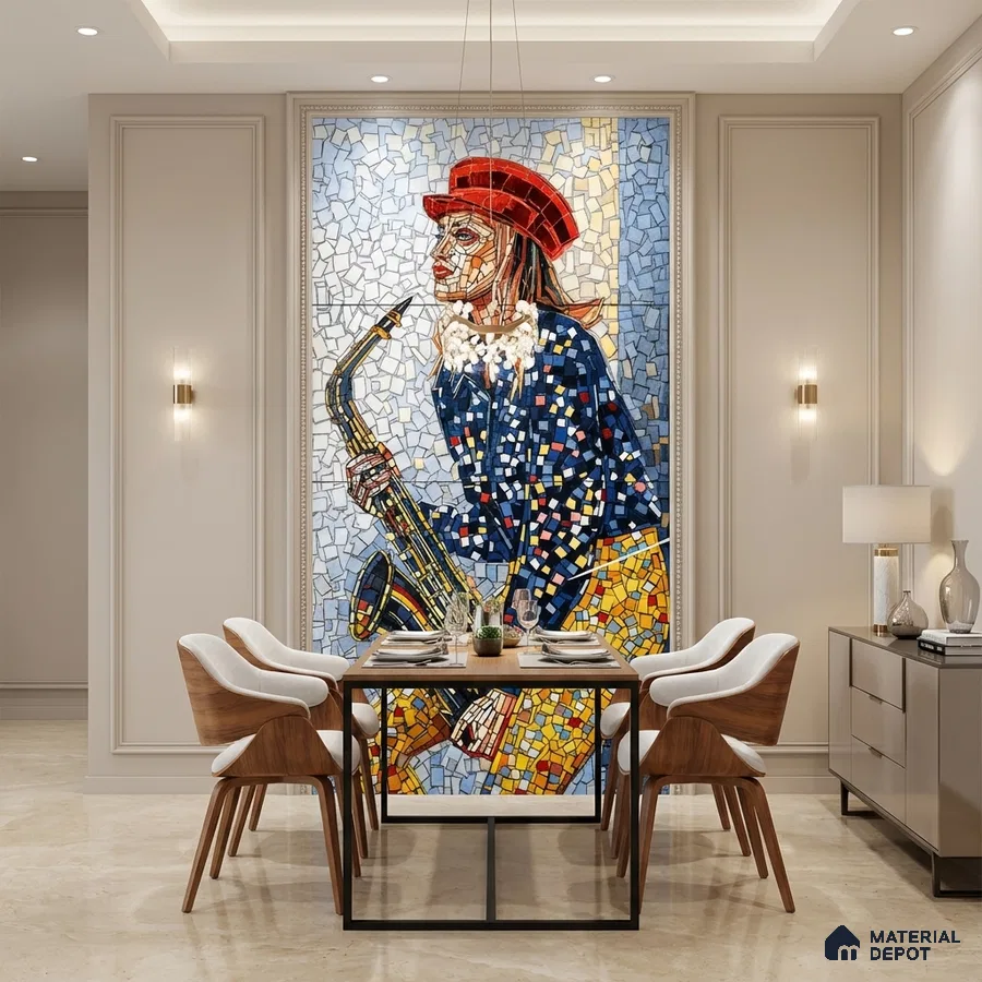 Art Deco dining room with mosaic poster wall tile mural and beige marble floor