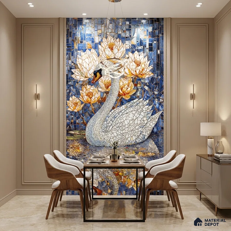 Art Deco dining room with mosaic swan accent wall and beige marble floor tile