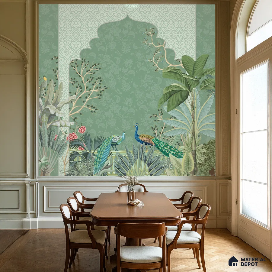 Art Deco dining room with peacock and botanical chinoiserie wallpaper and wooden flooring in Bengaluru
