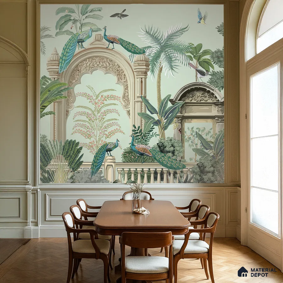 Art Deco dining room with peacock chinoiserie wallpaper and classic wood flooring in Bengaluru