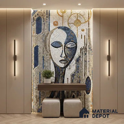Art Deco foyer with abstract mosaic poster wall tile and wooden console