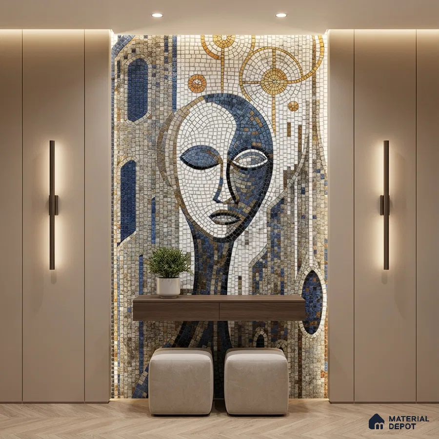 Art Deco foyer with abstract mosaic poster wall tile and wooden console