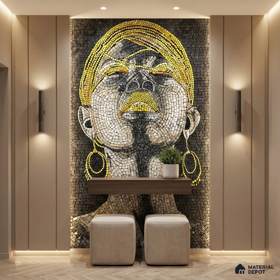 Art Deco foyer with mosaic accent wall and taupe wall panels